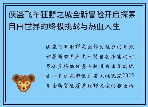 侠盗飞车狂野之城全新冒险开启探索自由世界的终极挑战与热血人生